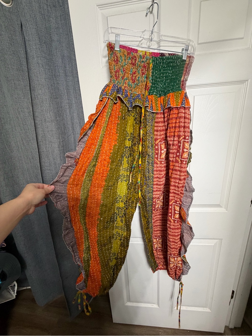 Kantha Smocked Waist Patchwork ruffle sides Pants - Multicolor